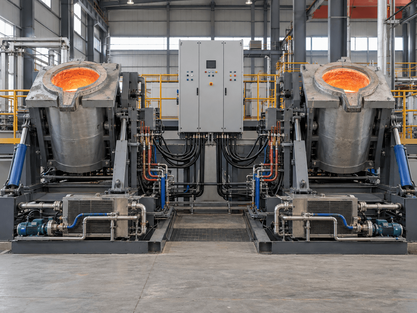 Representative steel shell medium frequency induction melting furnace with hydraulic tilting frame